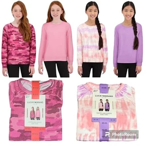 Lucky Brand Youth Girls 2 Pack Long Sleeve Crewneck Tee Batik & Solid Print - Picture 1 of 17