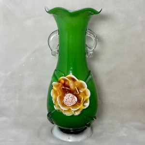 Vintage Murano Vase Cased Glass Hand Blown Green with Yellow & Orange Flower 10” - Picture 1 of 8