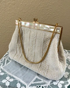 Bolso de Noche La Regale Vintage Hecho en Japón con Cuentas Semilla de Perla Italiana Blanco - Imagen 1 de 8