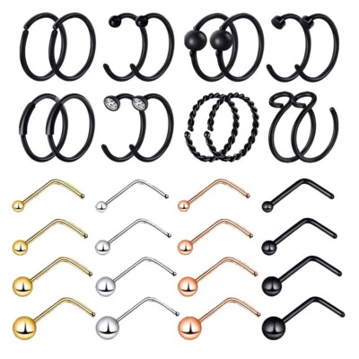 30-32 Piezas Anillos para Nariz Acero Inoxidable Forma de L Nariz Perno Labio Piercing Pendiente 20G Foto 1 de 4