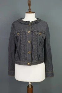 BOUTIQUE MOSCHINO Blue Denim Ruffle Cropped Blazer Jacket I 46 / USA 12 - Picture 1 of 17