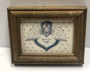 Vintage Cherub Angel Picture w/Wooden Frame “ You An Angel “ Blue Hearts Wings - Picture 1 of 6