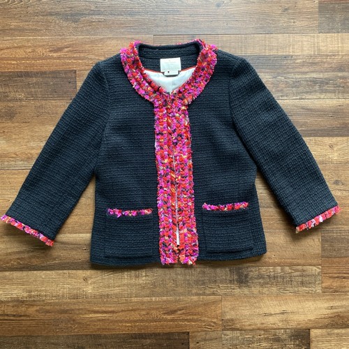 Blazer da donna nera Kate Spade taglia 8 in tweed rosa bordi sfilacciati misto lana