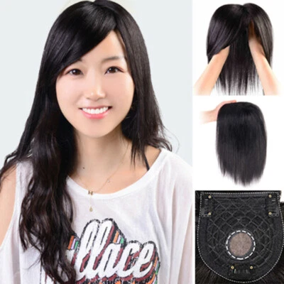 Silk Straight 100% Remy Human Hair Topper Toupee Hairpiece Top Piece with Bangs Foto 1 de 4