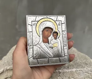 Small Orthodox Icon Virgin Mary, Italian Religious Art, Madonna And Child Silver - Picture 1 of 9
