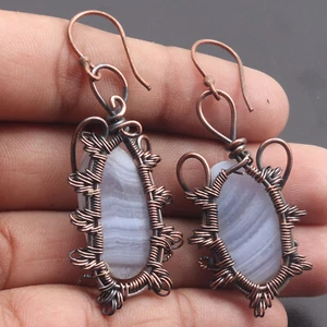 Blue Lace Agate Gemstonne Wire Wrapped Handmade Earrings 2.1" Jewelry H17940 - Picture 1 of 3
