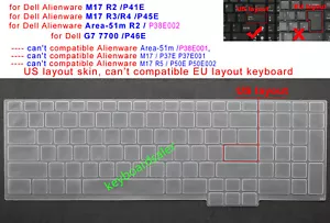 US Keyboard Skin Cover for Dell Alienware m17 R2/R3/R4,Area 51m R2,P45E,G7 7700 - Picture 1 of 8