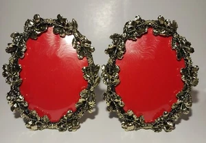 Hollywood Regency Hibiscus Oval Picture Frames Tabletop Set of 2 Gold Brass Tone - Picture 1 of 5