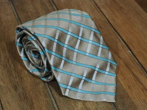 Luciano Barbera skurrile hellbraune und türkis gestreifte Seidenkrawatte Made in Italy - Bild 1 von 3