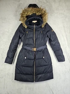 MICHAEL KORS Woman Faux Fur Trim Hood Down Puffer Belted Coat Parka Sz S Dk Blue - Picture 1 of 20