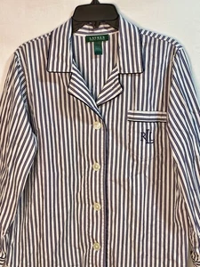 Lauren Ralph Lauren Pigiama Camicia Donna L Manica L Bottone Riga Blu - Foto 1 di 7