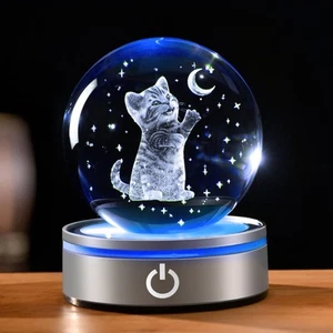 Cat Themed Gifts for Women 3D Crystal Ball Night Light 3.15in Globe Figurine ... - Picture 1 of 6