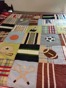 Pottery Barn Kids Twin Quilted Sports Patchwork basketball bedspread + Sham - Picture 1 of 6
