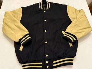 CHAQUETA UNIVERSITARIA VINTAGE STEWART & STRAUSS Letterman’s negra y crema grande - Imagen 1 de 3