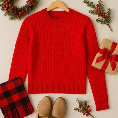 Suéter DKNY Rojo Tejido con Cable Manga Larga Cuello Redondo Acogedor Otoño Vacaciones Pullover M Foto 1 de 4