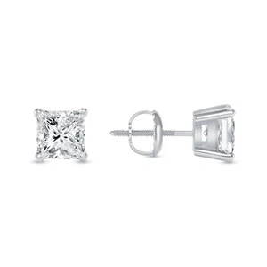 2 Ct Princess Cut Real 18K White Gold Created Diamond Earrings Studs ScrewBack - Picture 1 of 3