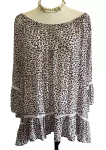 Blouse Tunic Top Animal Print Plus Size 3XL Off the Shoulder Flowy White Brown - Picture 1 of 13