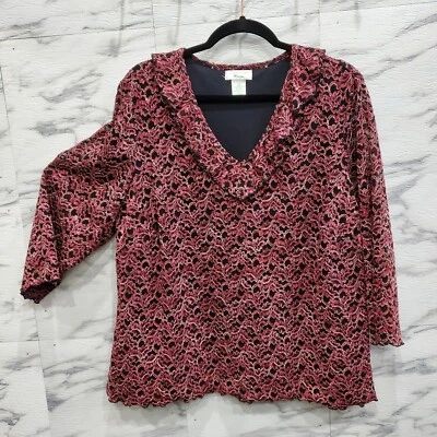 Blusa Laura Ashley Mujer Talla Grande 2X Borgoña Negra Encaje Volantes Cuello en V Forro Foto 1 de 4