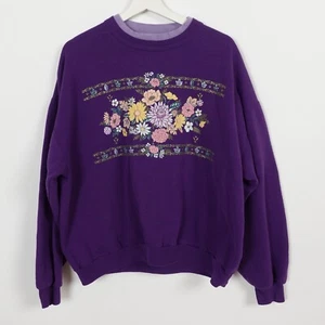 Vintage 80s Flower Floral Sweatshirt Double Collar Size XL FIT BOXY Grandma - Picture 1 of 11