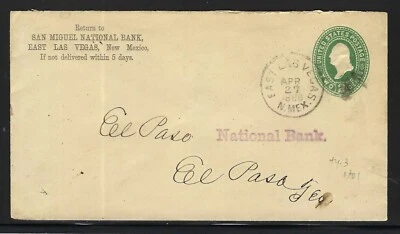 1888 EAST LAS VEGAS NEW MEXICO (TERRITORY) TO EL PASO TEXAS - WITH RECEIVER - Image 1 of 2
