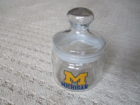 VTG  Michigan Wolverines College  C & J Specialities Glass Candy/ Cookie Jar 6" Cover