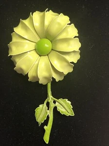 Vintage Large Hippy Mod Retro Green Enamel Full Stem Flower Brooch 4” - Picture 1 of 5