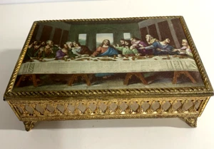Vintage Filigree Trinket Box, Last Supper Image, Blue Velvet - Imagen 1 de 9
