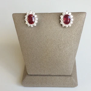 Elegant 18K White Gold Halo Earrings | Oval Rubies & White Diamonds - Picture 1 of 7
