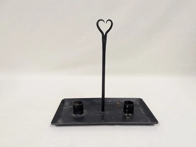 Candelabro Doble Cónico Rústico Negro Hierro Forjado Metal ~ Mango Corazón Abierto Foto 1 de 4