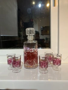 VTG French Luminarc Gold & Red Grape/Leaf Design Cordial Glass & Decanter Set - Picture 1 of 8