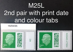 Par de estampillas definitivas GB 2025 KCIII 2º código de barras M25L con pestañas de color/fecha MNH - Imagen 1 de 1