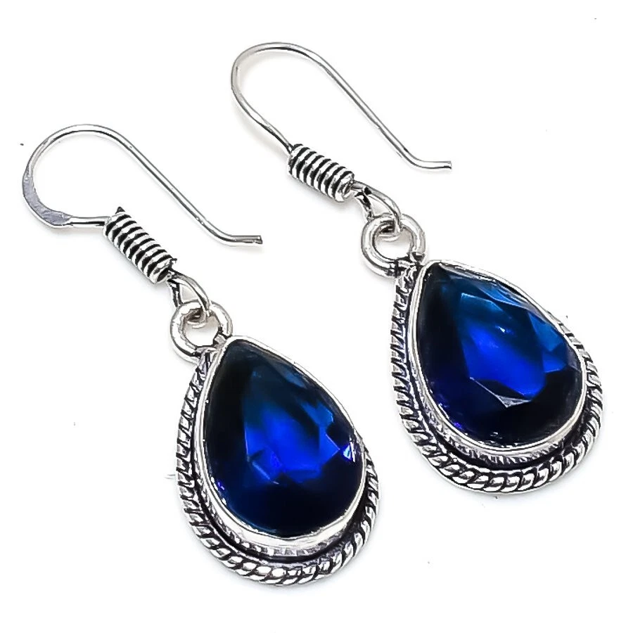London Blue Topaz Gemstone Handmade 925 Sterling Silver Jewelry Earring Sz 1.2'' - Image 1 of 1