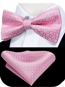 Light Pink Bow Ties for Men Check Plaid Self Tie Bow and Pocket Square Tuxedo - Picture 1 of 3