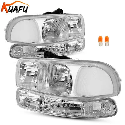 4Pcs For 1999-2006 GMC Sierra/ 00-06 Yukon Chrome Headlights w/ Bumper Lamps - Image 1 of 4