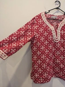 Trent Resort Red And White 100% Linen Holiday Blouse Size 16 Fast Tracked Ship - Picture 1 of 6