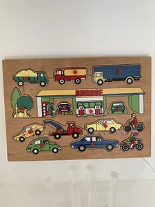 Vintage Wooden Puzzle Vehicles Cars Motorcycles Trucks Gas - Picture 1 of 2
