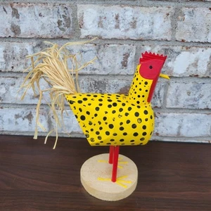 Handcrafted Wooden ROOSTER Yellow Red Black Strawtail Signed Folkart 9x5.5 - Picture 1 of 10