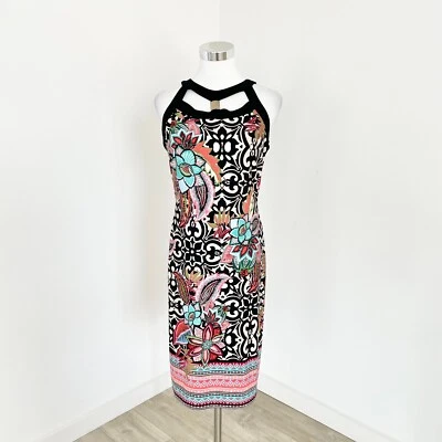 Joseph Ribkoff Pencil Dress Womens Size 8 Black Multi Floral Sleeveless Cut-Out - image 1 of 4