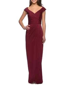 La Femme Burgundy Off-the-Shoulder Ruched Jersey Column Gown Size 10 Orig $338 - Picture 1 of 2