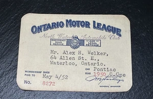 1950 ONTARIO MOTOR LEAGUE NORTH WATERLOO AUTO CLUB CARD E716 - Foto 1 di 8