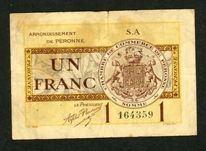 FRANCE  PERONNE 1  FRANC 1920 CHAMBRE DE COMMERCE FINE+. - Picture 1 of 2