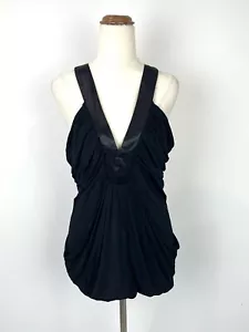 Guess Jeans Womens Top Black Pleated V Neck Sleeveless Blouse Gothic Party L 12 - Picture 1 of 8