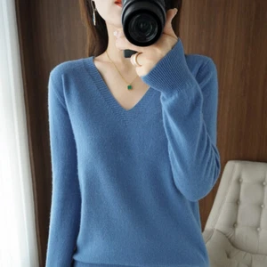 Autumn Winter Warm Cashmere Sweater Women V-Neck Pullover Casual Knitted Tops US - Picture 1 of 22