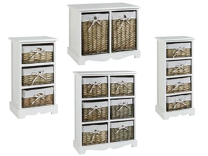 White Wooden Chest of Drawers Storage Unit Willow Wicker Baskets Organisers - Picture 1 of 20