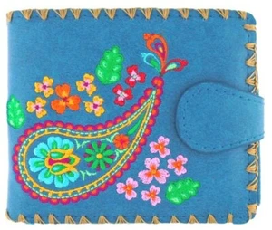 LAVISHY PAISLEY EMBROIDERY MEDIUM WALLET VEGAN FAUX LEATHER NEW 97-282 Blue - Picture 1 of 7