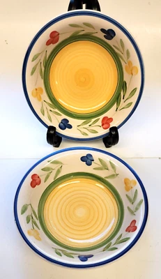 2 - Pier 1 PER122 gres, cuenco de sopa/cereal, amarillo, azul, rojo, flores 7"  Foto 1 de 4