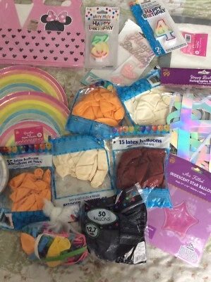 Lot 200+ NEW Bday Girls Party Supplies Plates Napkins Banner Balloons Cake Top - Image 1 of 4