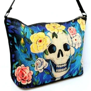 Sugar Skull Handbag Purse Day of the Dead Mexicana Rose Flower Gothic Canvas - Picture 1 of 1