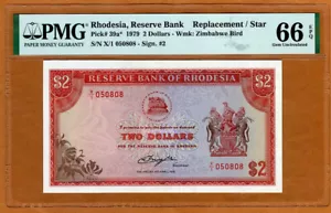 Rhodesia, 2 dollars, 10-4-1979, P-39a, PMG-66 EPQ Gem UNC REPLACEMENT - Picture 1 of 2