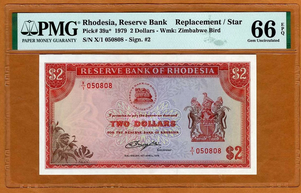 Rhodesia, 2 dollars, 10-4-1979, P-39a, PMG-66 EPQ Gem UNC REPLACEMENT - Image 1 of 2